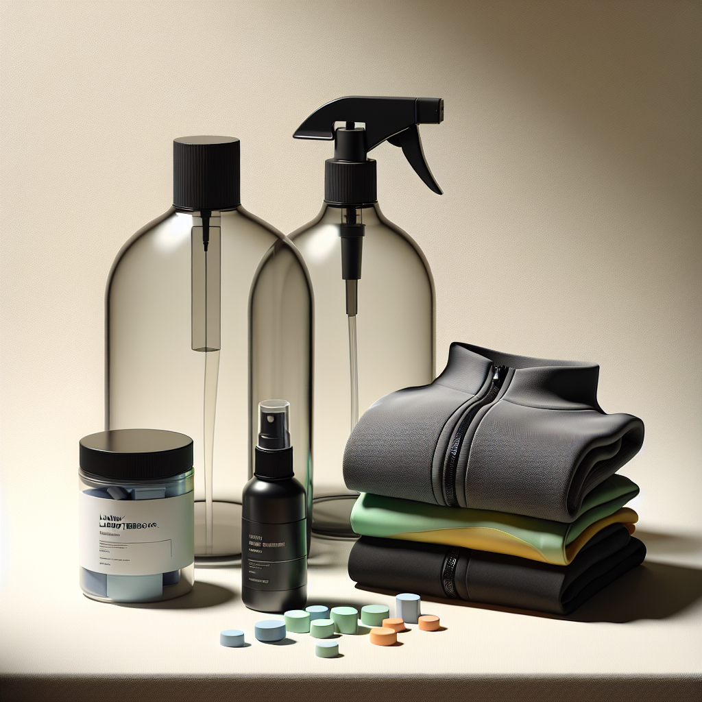 A clean, modern still life composition. On a light background, a transparent bottle of liquid laundry odor remover, a sleek fabric spray bottle, and a small, minimalist container of odor remover powder or tabs are artfully arranged. Next to them, a stack of neatly folded, colorful athletic wear and dark work clothes are displayed, suggesting the products' specific applications. Soft, natural lighting highlights the textures and clean lines.