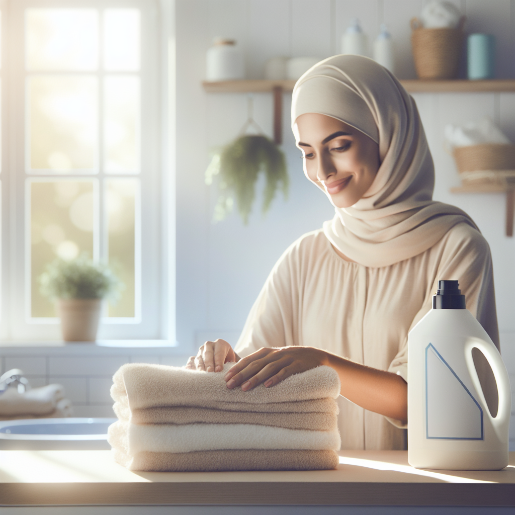 A bright, clean laundry room bathed in soft natural light. A person with a contented, relieved expression is neatly folding a stack of fluffy, white, freshly laundered towels, which subtly glow with a sense of cleanliness and freshness. A modern, generic bottle labeled 'Odor Remover' is visible on a nearby shelf or counter, suggesting the effective solution. The overall mood is one of accomplishment, hygiene, and freshness. Photorealistic style.