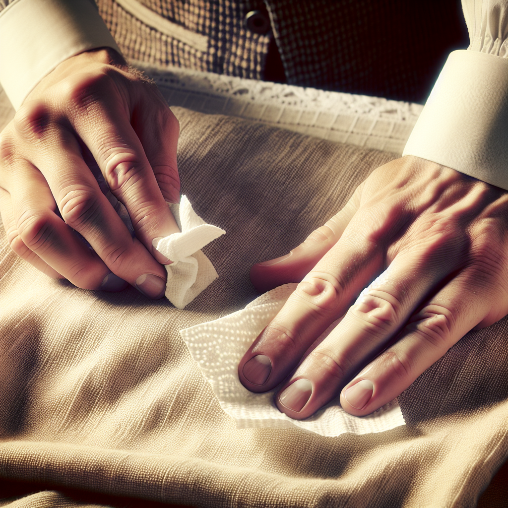 A close-up, high-angle shot of hands quickly and gently dabbing a small, damp spot on a light-colored, textured fabric (like a child's blanket or a soft garment) with a crumpled white paper towel. The action conveys urgency and care in handling a fresh stain. The background is softly blurred, focusing on the immediate action of cleaning the fabric. Realistic, detailed photography.