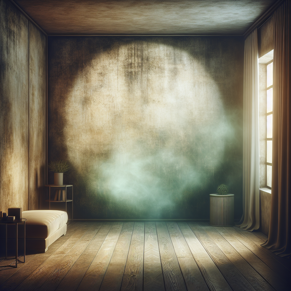 A dimly lit, slightly aged living room interior. A prominent, textured wall shows subtle signs of discoloration and staining, hinting at years of absorbed odors like cigarette smoke or dampness. A faint, almost visible, greenish-yellow haze gently emanates from the wall, symbolizing a persistent, unpleasant smell. The overall atmosphere is stale and heavy. Realistic photo, atmospheric.