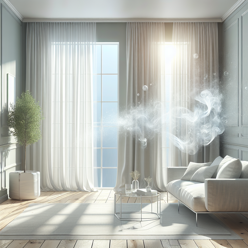 A bright and airy modern living room. The prominent wall is impeccably clean and freshly painted in a light, neutral color. Sunlight streams through a large, open window, with white sheer curtains gently billowing from a subtle breeze. The air in the room feels visibly crisp and fresh, perhaps with a subtle visual cue of clean air molecules. The overall impression is one of cleanliness, freshness, and relief from unpleasant odors. Realistic photo, inviting.