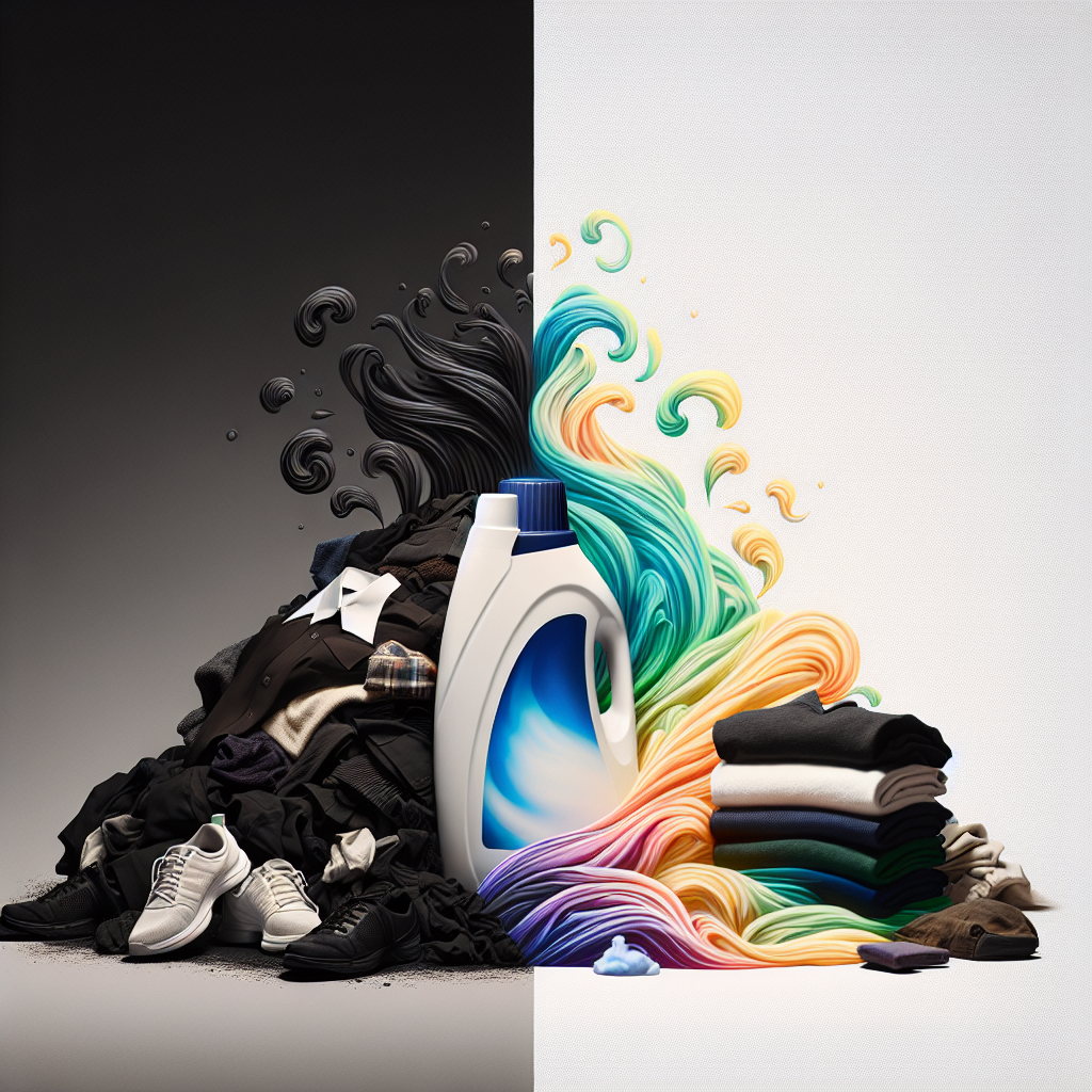 A vivid split image showing a clear contrast: On the left, a pile of dark, slightly dingy sportswear or work clothes, emitting subtle, dark wavy lines representing unpleasant odors. On the right, a stack of perfectly folded, bright white and colorful, fresh laundry, radiating a soft, clean glow. A modern bottle of 'Odor Remover Detergent' (Geruchsentferner Waschmittel) stands between them, symbolizing the transformation. High contrast, clean photography style.
