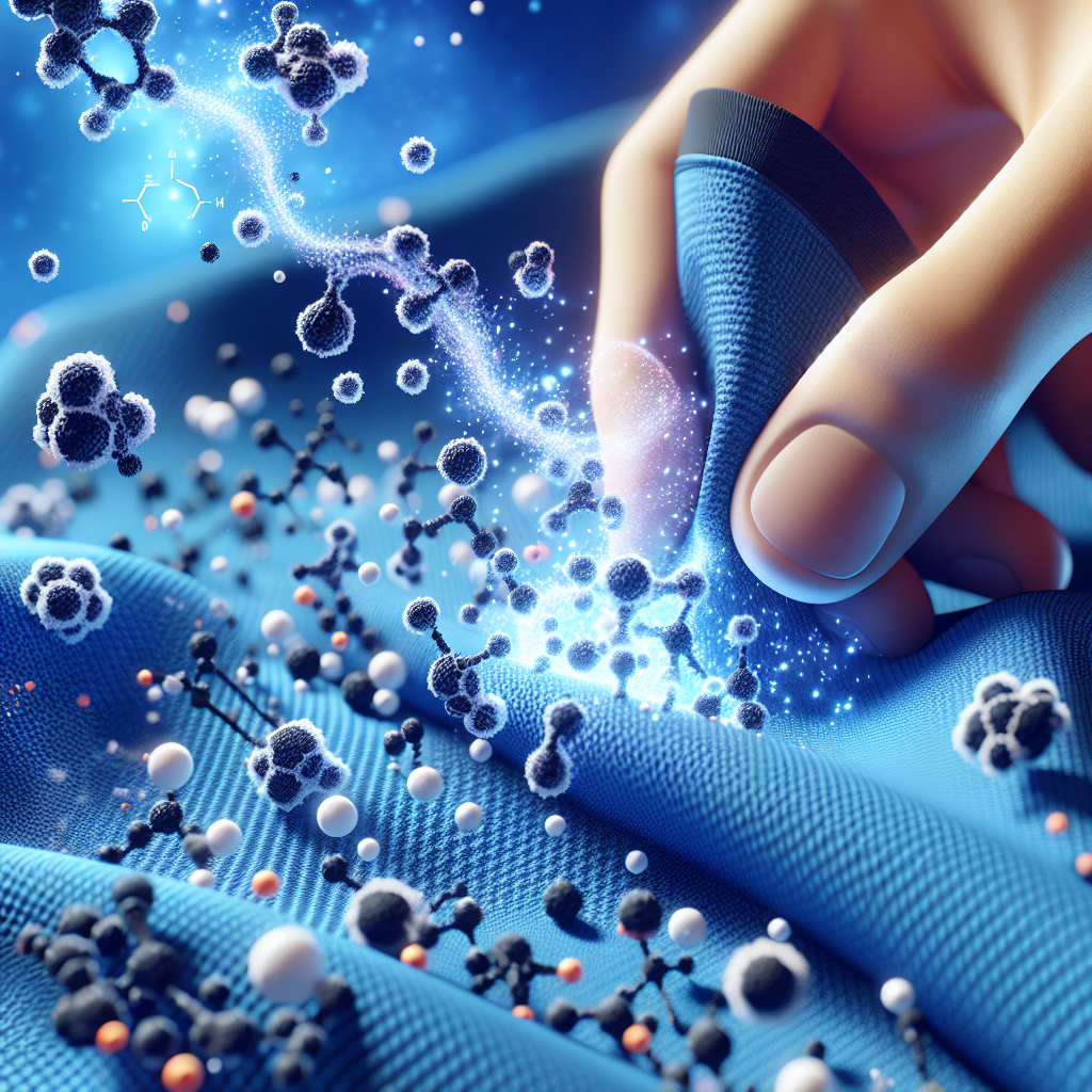Close-up, detailed shot of a vibrant blue sportswear fabric. Abstract, microscopic 'odor molecules' (represented by small, dark, irregular shapes) are visibly dissolving and breaking apart as they are met by dynamic, glowing 'freshness particles' or 'cleaning enzymes' that are actively neutralizing them within the fibers. The background is a soft, blurred light blue or white, emphasizing the scientific effectiveness and cleanliness. Concept art, high detail.