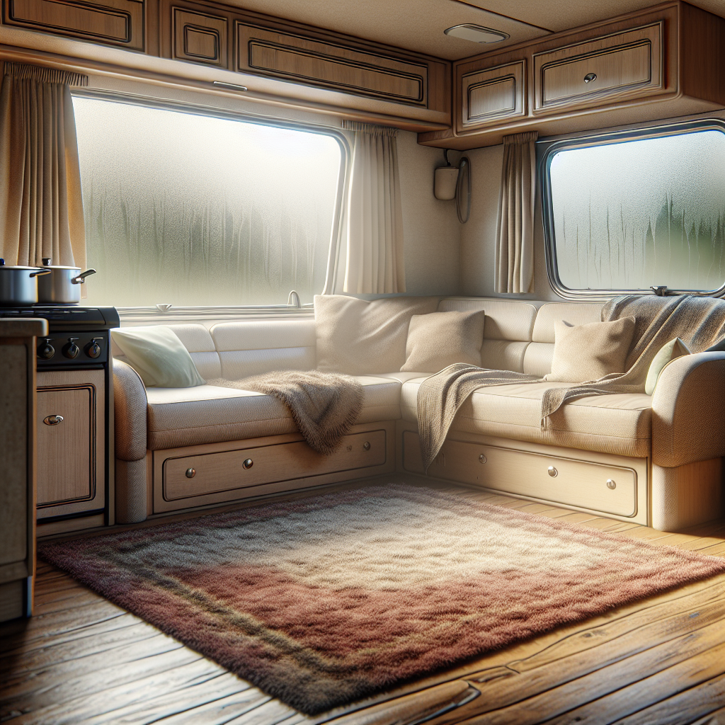 Realistisches Interieur eines gemütlichen Wohnmobils, das sich leicht stickig und feucht anfühlt, mit einem Hauch von Tiergeruch und alten Kochdämpfen. Dezente visuelle Hinweise wie ein leicht zerknitterter Teppich oder Kondenswasser am Fenster schaffen eine Atmosphäre, die eine Erfrischung benötigt. Gedämpfte, trübe Farben.