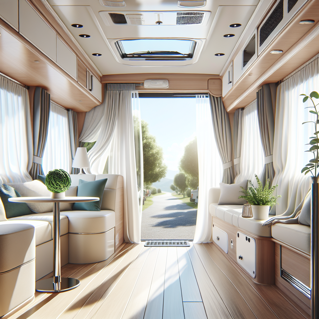 Realistisches, helles und einladendes Wohnmobil-Interieur, makellos sauber und erfüllt von reichlich natürlichem Licht. Die Fenster sind geöffnet, was auf eine hervorragende Luftzirkulation und eine frische Brise hindeutet. Die Atmosphäre ist luftig, makellos und duftet wunderbar sauber. Eine kleine, lebendige Grünpflanze verleiht einen Hauch von Frische. Fokus auf Sauberkeit und Offenheit.