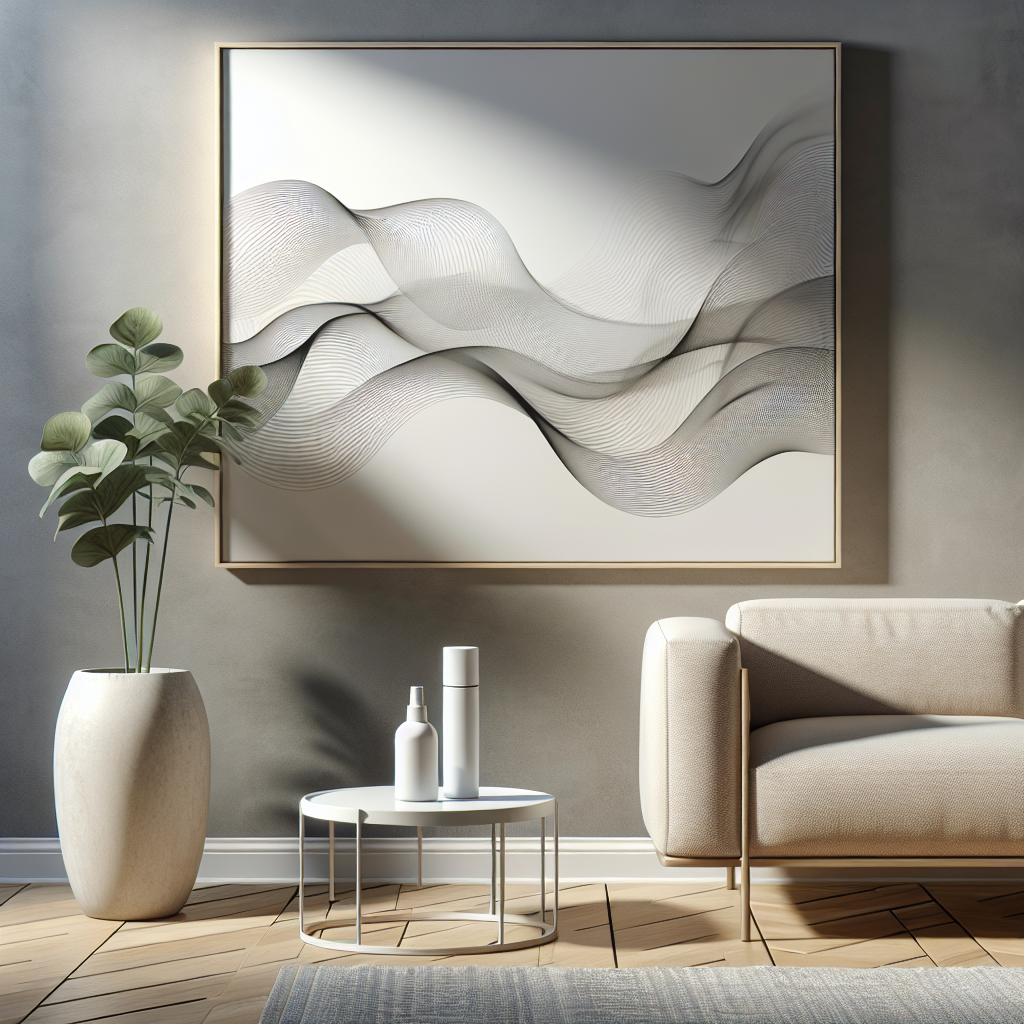 A stylish, modern living room with soft natural light streaming in. A subtle, abstract cloud of stale air or unpleasant odors (depicted as light grey, wavy patterns) is visibly dissipating into thin air, replaced by crisp, clean, and invisible fresh air. On a minimalist side table, a sleek, generic odor neutralizer spray bottle (resembling a modern drugstore product) stands, subtly suggesting its role in this transformation. The overall impression is one of immediate freshness and a breathable, inviting atmosphere. Realistic, clean aesthetic.