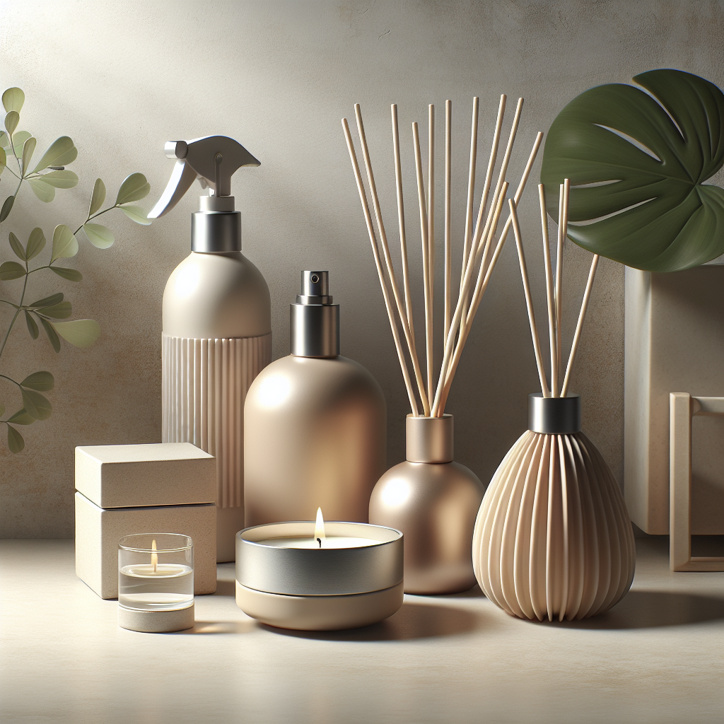 An artfully arranged collection of various generic home fragrance and odor removal products, reminiscent of items found in a high-end drugstore. The composition includes a modern room spray bottle, a minimalist reed diffuser with reeds, a small neutralizer gel pot, and a clean-burning scented candle. These items are placed on a light-colored, natural surface (e.g., wood or concrete) in a contemporary home setting, with subtle greenery or soft textures in the blurred background. The image conveys a sense of serene freshness, style, and effective home care. Bright, diffused lighting.