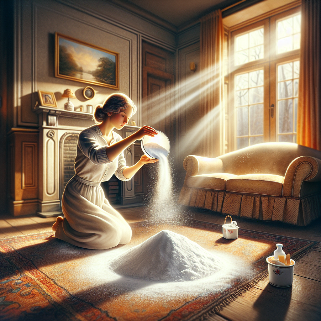 A cozy, sunlit living room where a person is gently sprinkling white powder (representing baking soda) onto a plush carpet. A subtle, almost invisible 'waft' of freshness emanates, symbolizing odor neutralization. Small, discreet bowls of natural remedies are placed around the room, contributing to a peaceful, clean, and inviting atmosphere, realistic style.