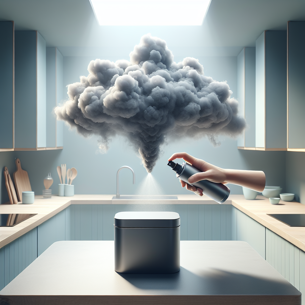 A modern, bright kitchen interior. On a pristine countertop, a subtle, stylized grey 'odor cloud' emanates from a small, closed bin, hinting at an unpleasant smell. A hand is holding a sleek, minimalist odor remover spray bottle, aiming towards the cloud, which visually begins to dissipate into fresh air. The scene should convey a sense of a common household problem being effectively solved with a modern product. Realistic, clean photography style with soft lighting.