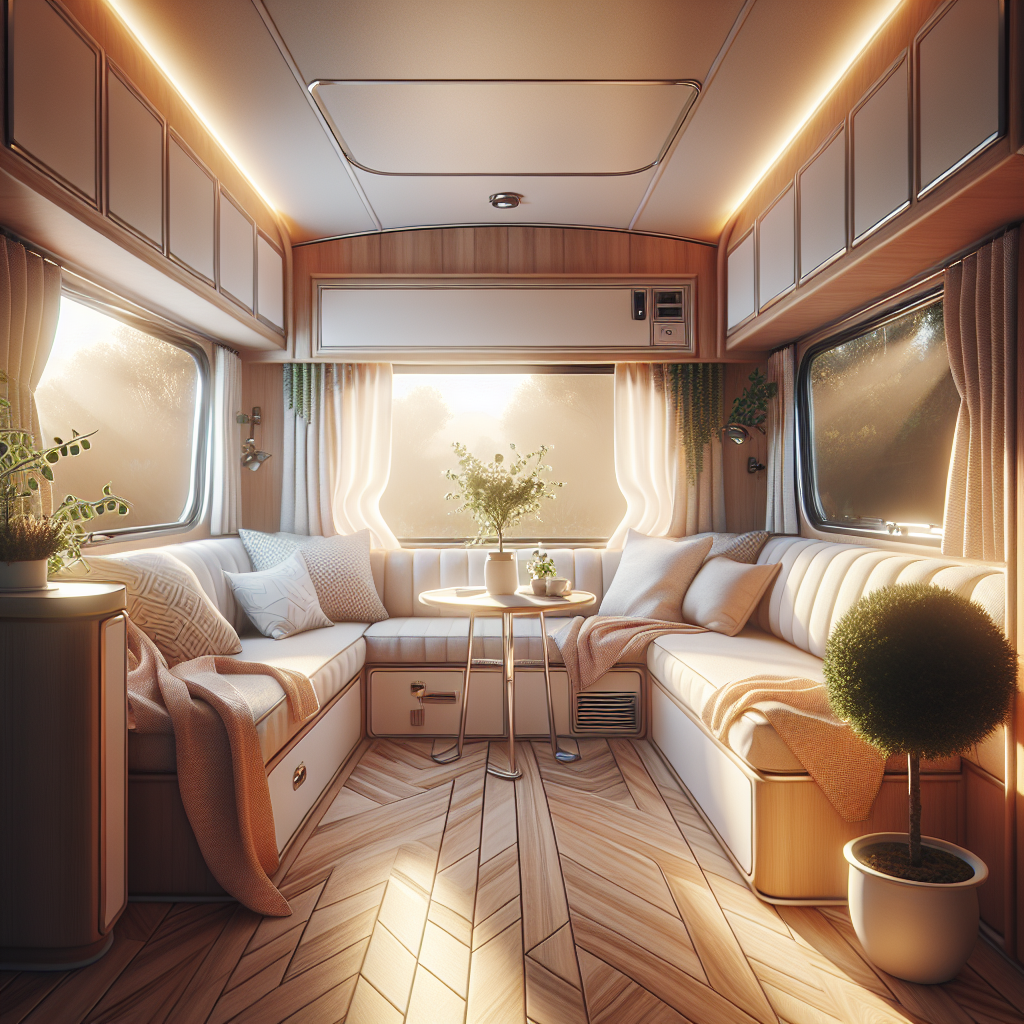 A bright, inviting caravan interior bathed in soft sunlight, with windows slightly open, suggesting fresh air flowing through. A minimalist aesthetic, showing a cozy seating area with clean textiles and a small potted plant, symbolizing cleanliness and natural freshness after odor removal. Realistic, warm tones.