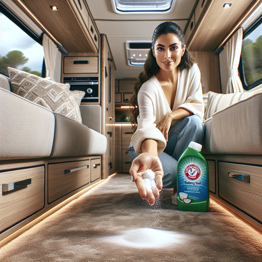 A hand gently sprinkling baking soda onto a carpet or upholstery inside a modern caravan, with a clean, well-maintained interior visible in the background. The scene should evoke a sense of natural cleaning and effective odor removal, emphasizing freshness and a pleasant travel experience. Realistic, soft lighting.