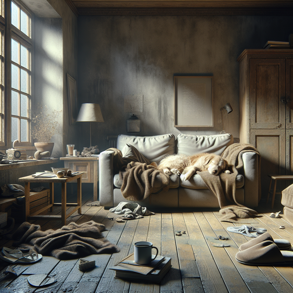 A cozy living room that feels slightly stuffy and lived-in, with a subtle visual representation of stale air or a faint, unpleasant odor. Perhaps a dog sleeping on a sofa, a forgotten cup of coffee on a table, and closed windows, conveying the need for freshness. Realistic interior photography.