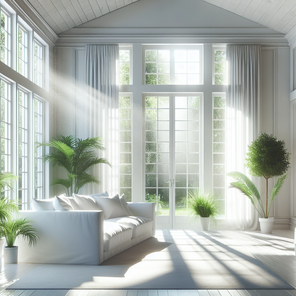 A bright, airy, and immaculately clean living room, with large windows wide open, allowing fresh breeze and abundant sunlight to stream in. Fresh green plants and subtle, pleasant scent trails visually represented as light, clean wisps. The atmosphere is one of purity, freshness, and comfort. Realistic interior photography.