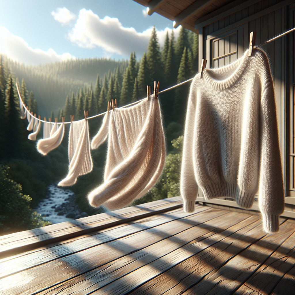 A soft, cozy wool sweater hanging on a clothesline on a sunny balcony or by an open window, with a gentle breeze subtly moving it. The background shows a serene, fresh outdoor scene, like green trees or a clear sky. Emphasize natural light, freshness, and a sense of cleanliness. High detail, soft focus, natural colors.