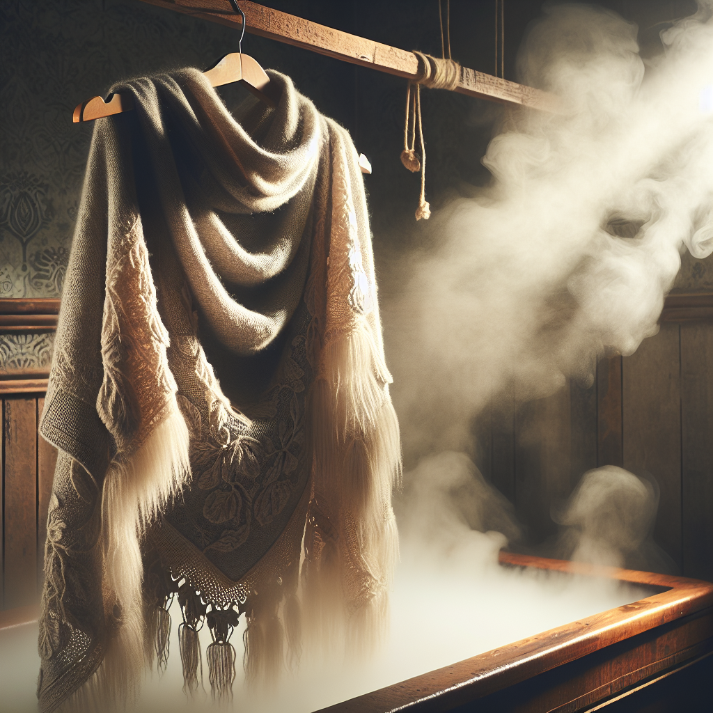 A luxurious, soft wool scarf draped over a wooden hanger in a steamy bathroom, with a delicate mist rising around it. Focus on the rich textures of the wool and the gentle, natural process of revitalization. The atmosphere should feel clean, serene, and warm, evoking a sense of renewal and freshness. Soft lighting, cozy ambiance.