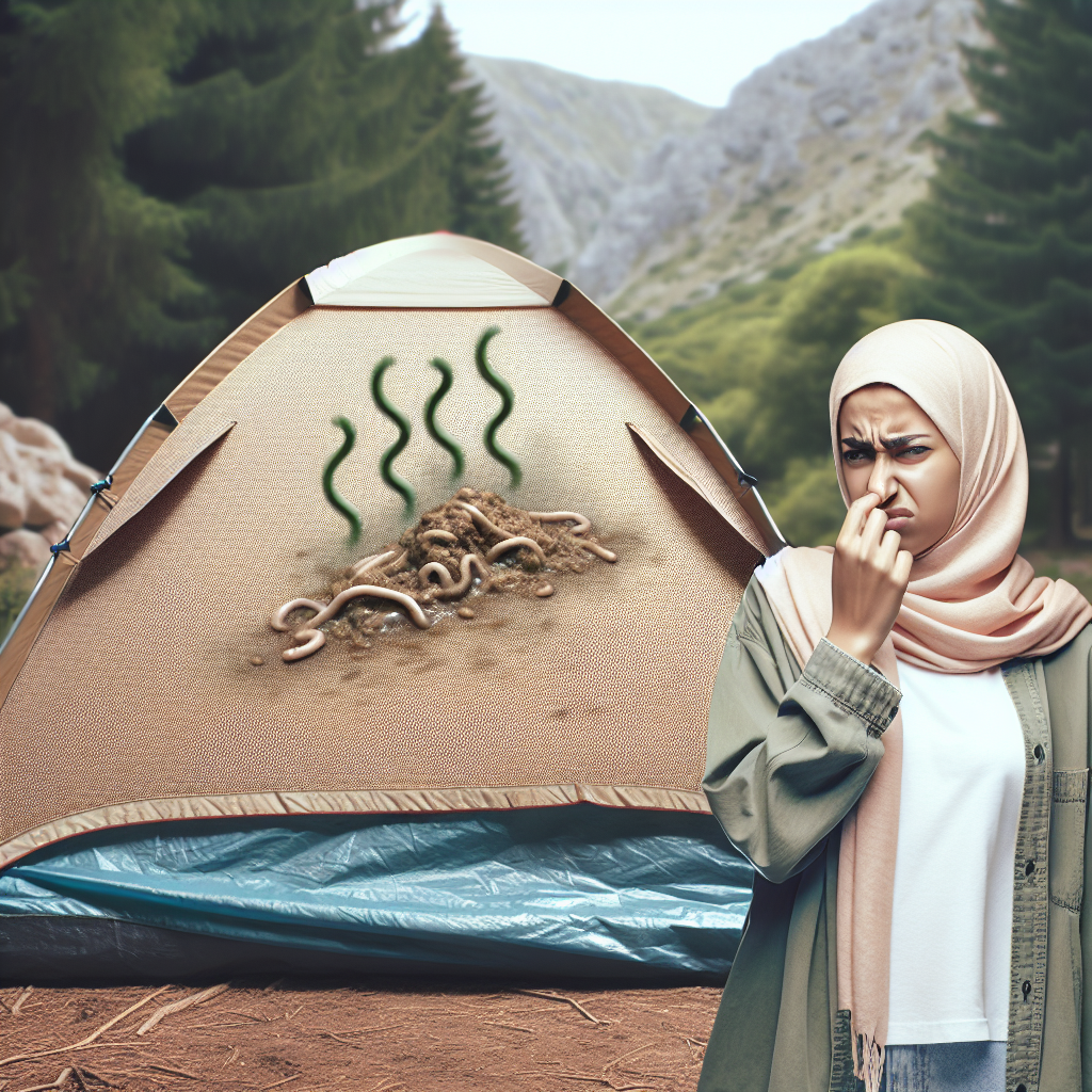 A slightly damp and musty tent pitched in a natural outdoor setting, with subtle visual cues of an unpleasant odor emanating from inside. A camper looks slightly annoyed or holds their nose. The tent fabric appears a bit worn, hinting at the need for cleaning and odor removal. Realistic photo style, slightly muted colors.