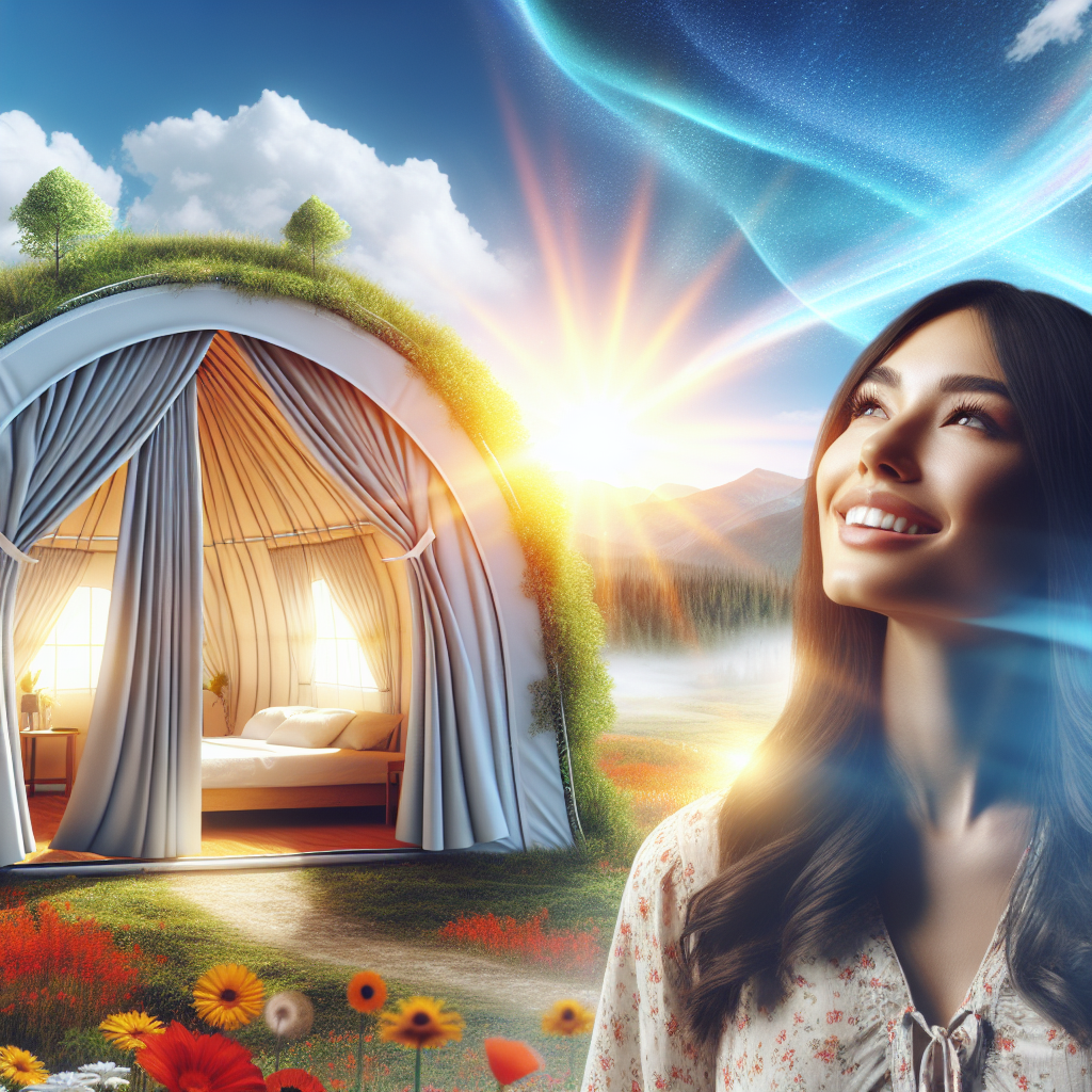 A pristine, freshly aired tent standing in a beautiful, sunny natural landscape. All tent flaps and windows are wide open, with sunlight streaming into the interior, symbolizing freshness and good ventilation. A person happily relaxes inside or near the tent, breathing in the clean air. Vibrant, inviting photo style.