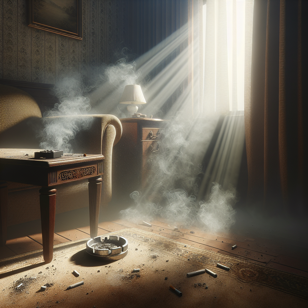 A close-up, atmospheric shot of a living room corner, depicting stale cigarette smoke lingering in the air. Sunlight attempts to pierce through the hazy atmosphere, illuminating dust particles and the faint yellowing on a fabric sofa and a curtain. An empty, slightly used ashtray sits subtly on a side table, emphasizing the persistent odor. The scene should convey a sense of a lingering, unpleasant smell.
