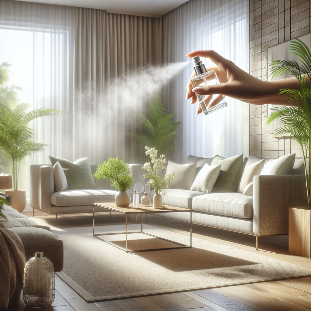 A bright, clean, and airy modern apartment living room, sparkling with natural light streaming through an open window. A hand is gently spraying a fine, refreshing mist from an elegant spray bottle towards a sofa, symbolizing odor removal. Green plants are visible, and crisp, clean textiles on the furniture convey an inviting, smoke-free environment. The overall mood should be fresh and inviting.