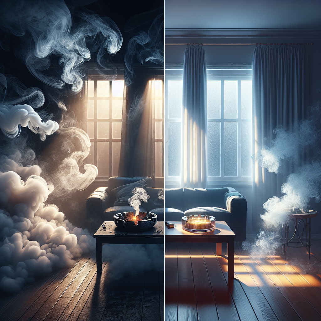 A vibrant, high-contrast split image. On the left, a dimly lit living room filled with visible, swirling cigarette smoke, an overflowing ashtray on a table, and heavy curtains. On the right, the exact same living room transformed: brightly lit with natural sunlight, an open window, clean, fresh air, and a generic bottle of 'Odor Neutralizer' subtly placed on a clean surface, emphasizing a smoke-free environment. Cinematic lighting, realistic photo.
