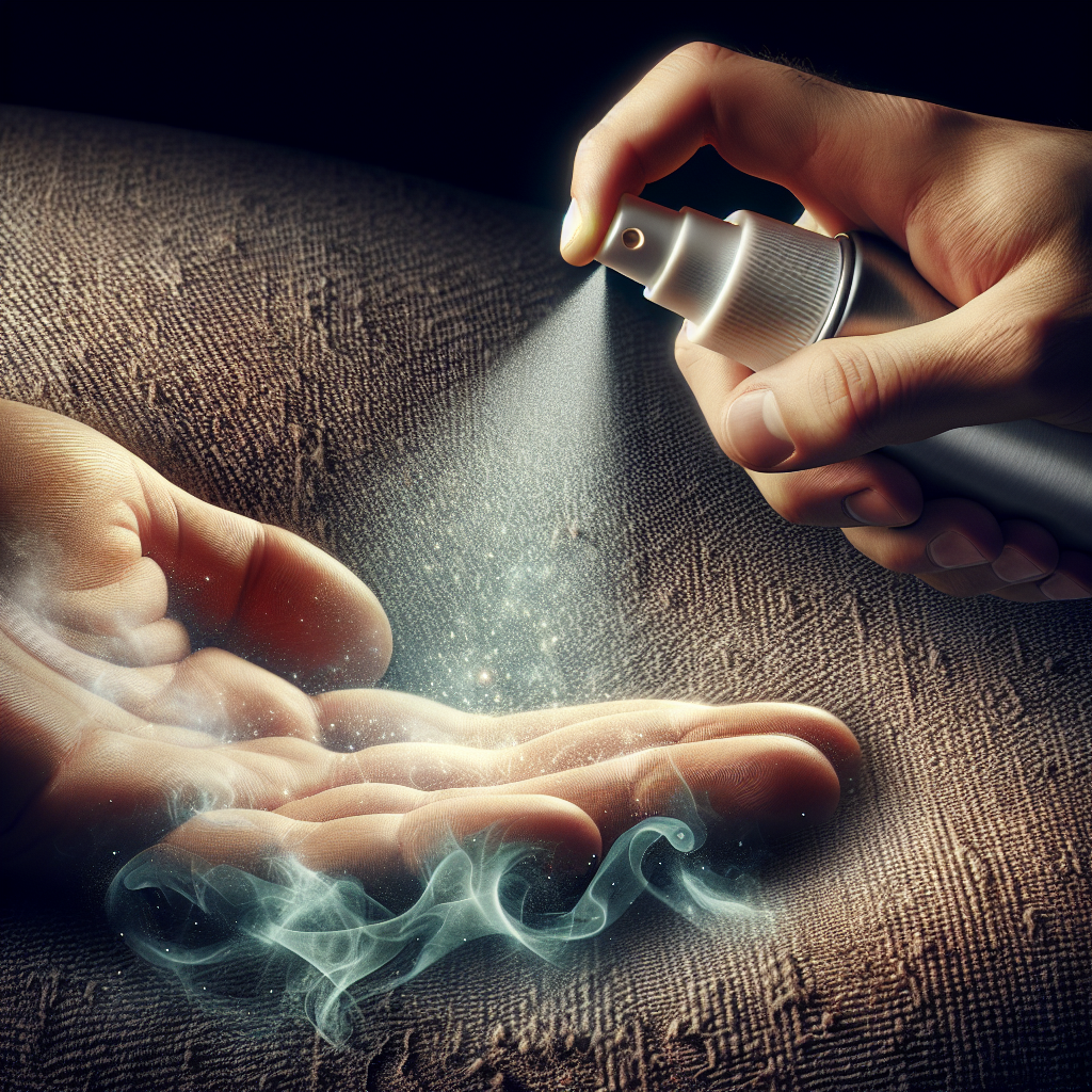 Close-up shot of a hand actively spraying a generic 'Odor Remover' or 'Smoke Neutralizer' spray onto a textured fabric surface, like a car seat or a sofa cushion. The fabric previously shows subtle, visual cues of lingering cigarette smoke (e.g., slight dullness). Around the spray mist, a gentle, ethereal glow symbolizes freshness and cleanliness, contrasting with the problem area. Focus on the action and transformation. Realistic photo.