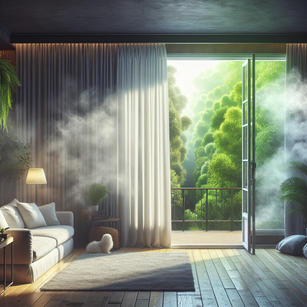 A cozy living room with a slightly stuffy, almost visible 'stale air' aura, perhaps near a subtle cooking fume or a pet bed, contrasted by a wide-open window letting in vibrant, clean fresh air, light, and a hint of outdoor greenery. Emphasize the transition from stale to fresh. High-resolution, realistic style.
