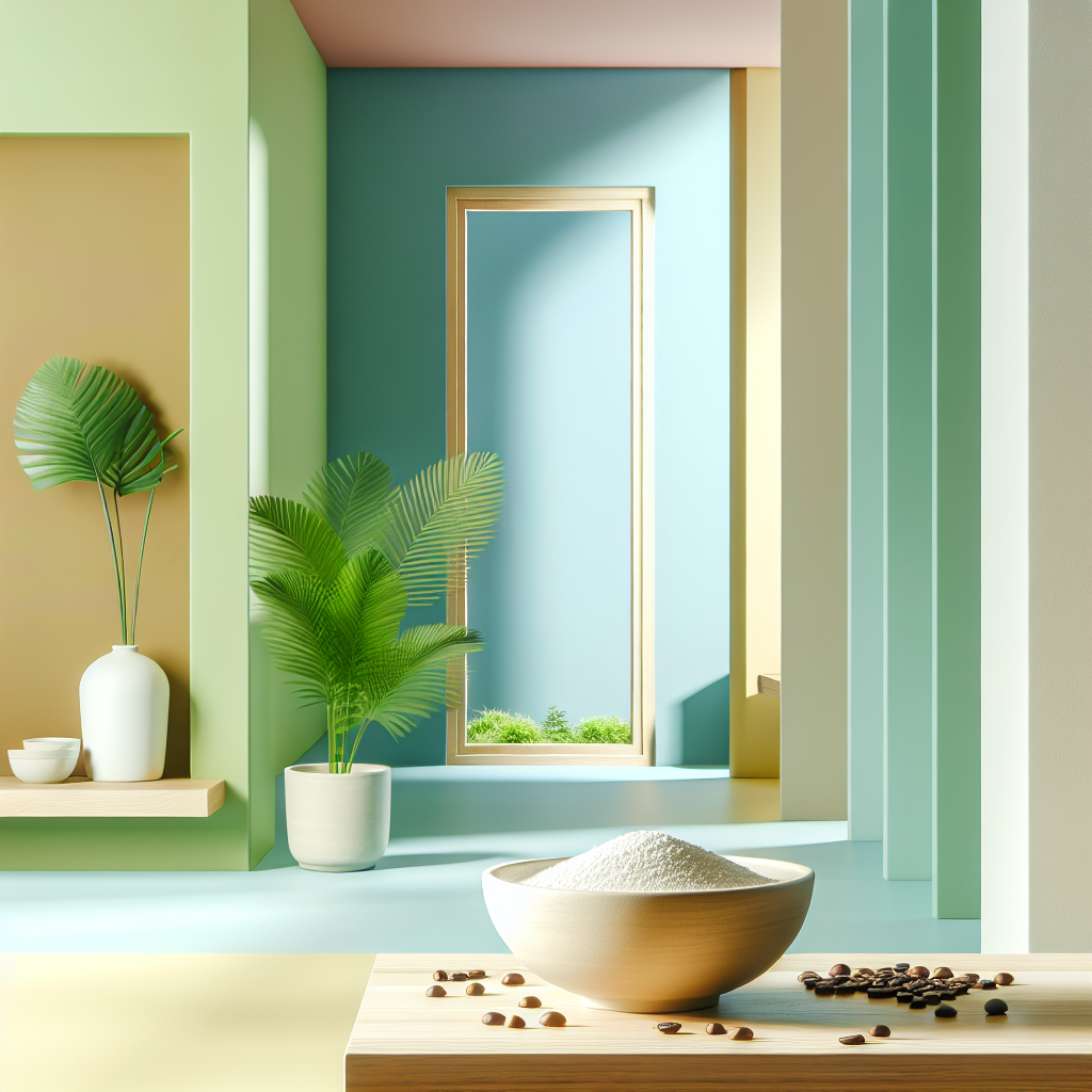 A bright, minimalist room filled with a sense of ultimate freshness and purity. Subtle elements like a clean ceramic bowl with baking soda or coffee beans on a modern wooden surface, and a healthy green plant in the background. The overall atmosphere should convey light, cleanliness, and crisp, fresh air. Soft natural light, clean aesthetic.