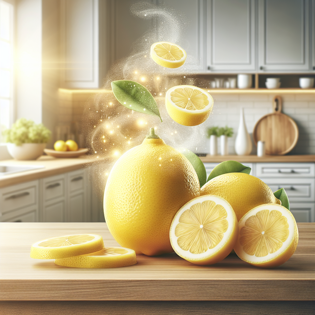 A vibrant, fresh whole lemon and several bright yellow lemon slices artfully arranged on a clean, light wooden kitchen counter. Subtle, sparkling ethereal mist or 'freshness' emanates from the lemons, symbolizing natural odor removal and a clean scent filling the air. The background features a soft-focus modern kitchen interior, bright and inviting, bathed in natural light. Emphasize natural freshness, cleanliness, and a welcoming atmosphere.