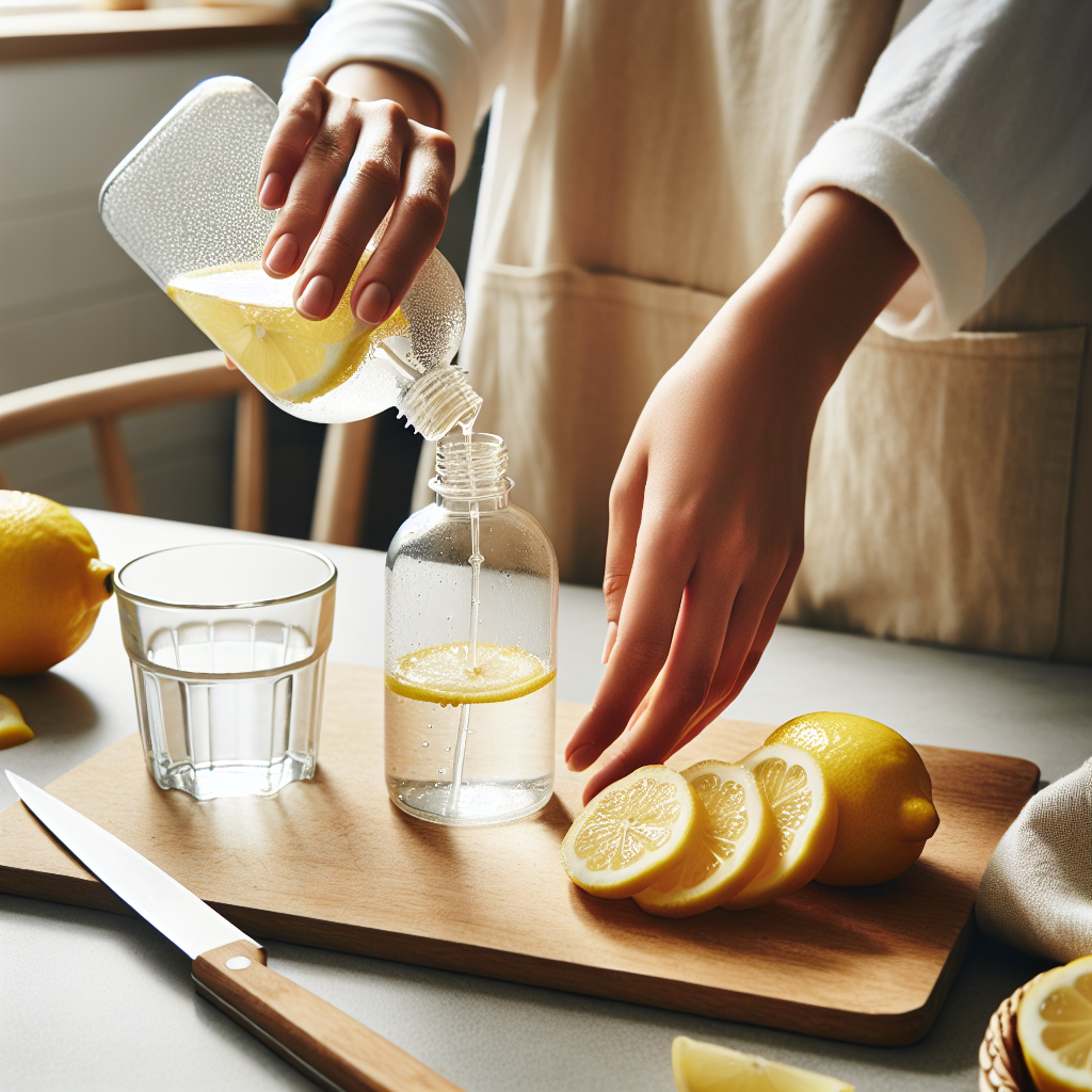 Close-up of hands pouring freshly squeezed lemon juice into a clear, empty spray bottle. Sliced lemons, a glass of water, and a small cutting board are visible on a light-colored kitchen counter, suggesting the process of making a DIY natural odor remover. The scene is bright, clean, and highlights the simplicity and natural ingredients involved. Focus on the hands and the preparation, with a natural, homemade aesthetic.