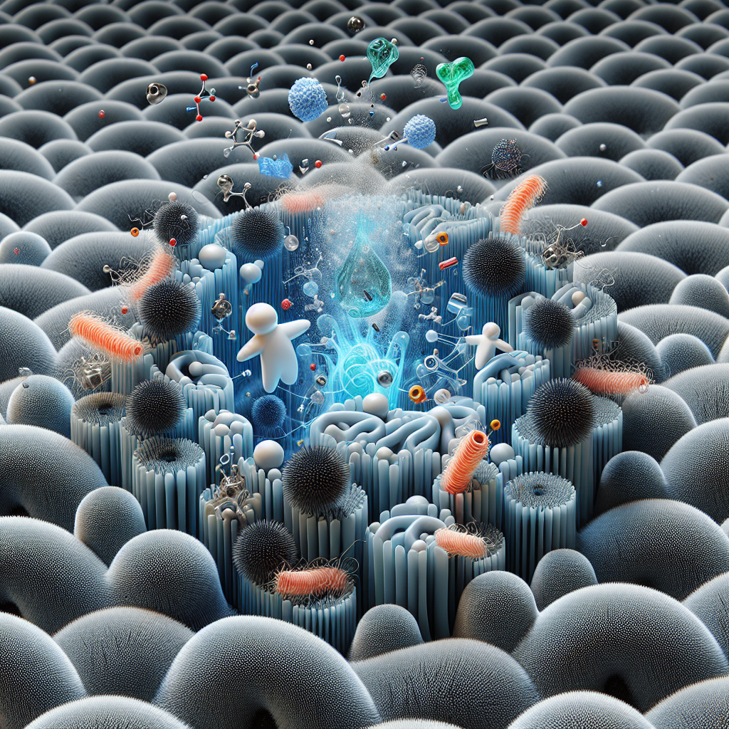 A stylized, microscopic view depicting friendly-looking enzyme molecules actively breaking down abstract, dark, swirling odor particles into light, clear, fresh air atoms on a textured surface like carpet fibers. The scene is clean, scientific, and visually represents effective odor neutralization, with a sense of molecular transformation.