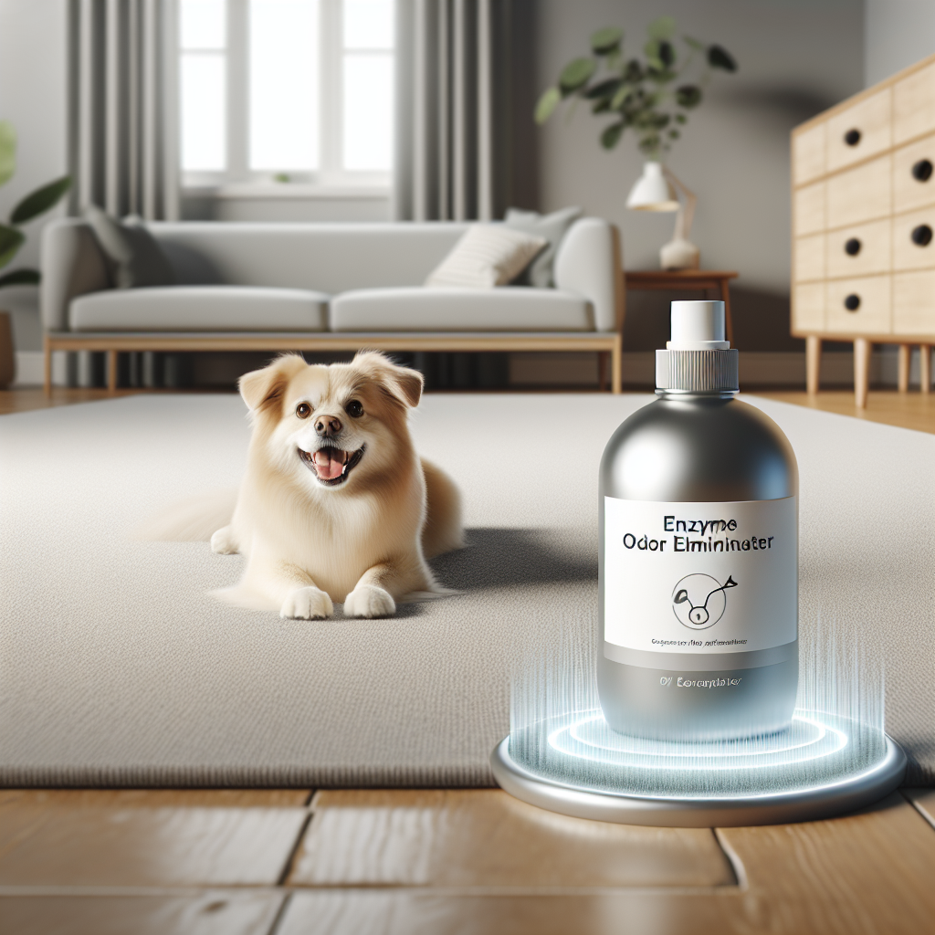 A bright, inviting home scene featuring a clean, fresh-smelling carpet where a happy pet (e.g., a dog or cat) is comfortably resting. A subtle aura of freshness emanates from the carpet, and in the foreground, a sleek, modern bottle of 'Enzyme Odor Eliminator' is discreetly placed on a surface, symbolizing the solution to unpleasant odors. Natural light, clean aesthetic.