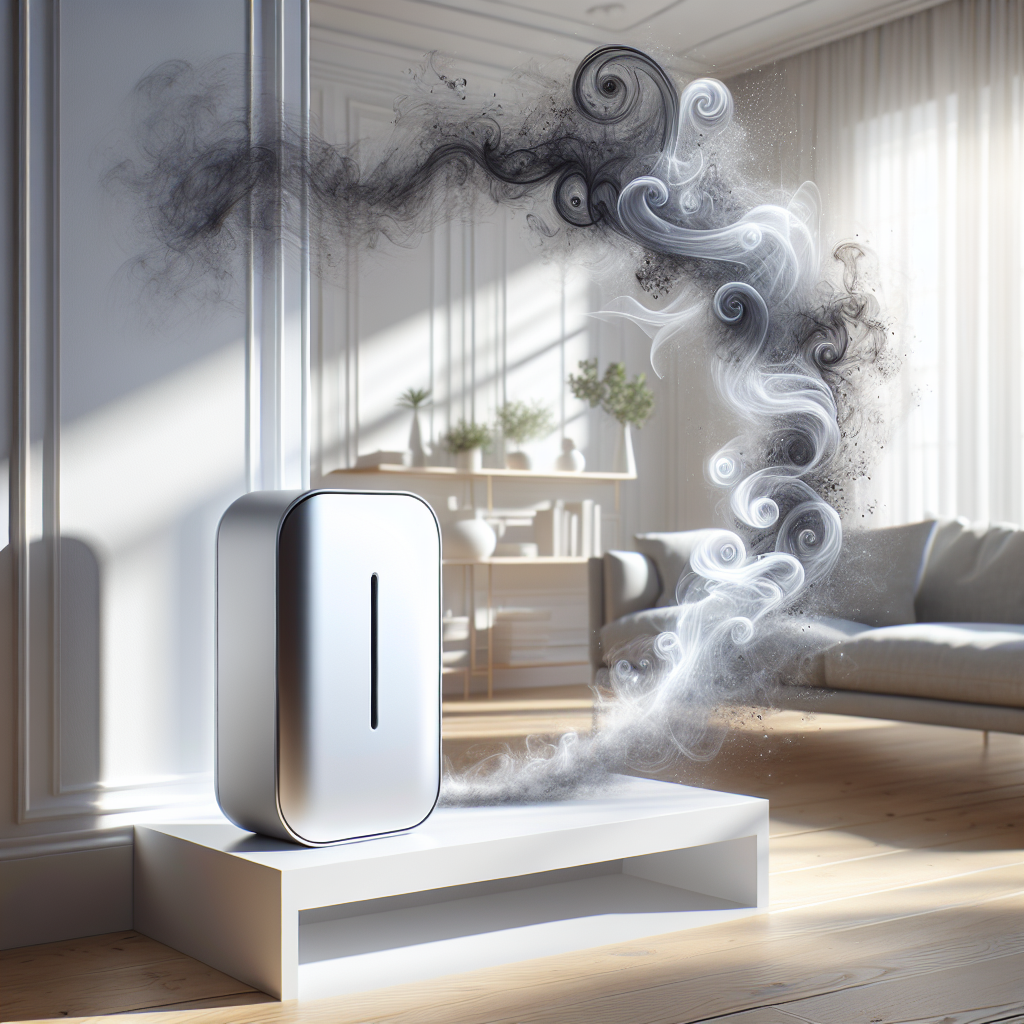 A sleek, modern electric odor remover device sits on a minimalist shelf in a bright, airy living room. From the device, a visual metaphor shows dark, swirling wisps representing unpleasant odors being drawn in, transforming into clean, glowing waves of fresh air that gently spread across the immaculate room. The scene is bathed in soft, natural light, emphasizing cleanliness and a refreshing atmosphere. High detail, realistic photography style.