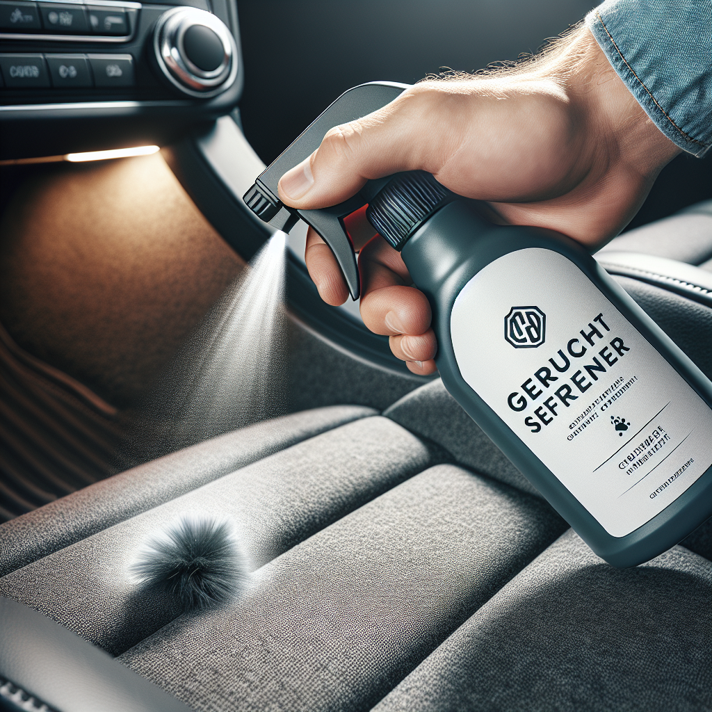 A close-up shot inside a car showing a hand holding a sleek, modern spray bottle labeled 'Odor Remover' or 'Geruchsentferner'. The hand is actively spraying a fine mist onto a car seat or floor mat, where a faint stain or a few pet hairs are visible, indicating the source of a potential odor. The focus is on the action of effectively applying the solution. Realistic, bright and clean photography style.