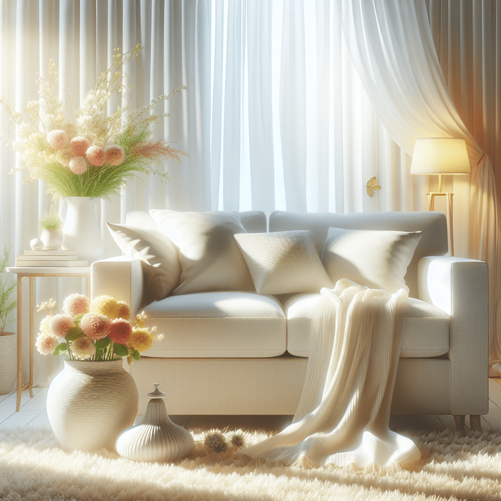 A beautifully clean and inviting fabric couch in a bright, cozy living room. Sunlight streams in, illuminating the fresh-looking upholstery. Subtle elements like a vase of fresh flowers or a gently billowing sheer curtain hint at a wonderful, clean scent and a pleasant atmosphere. Focus on comfort and freshness, without any visible dirt or pets.