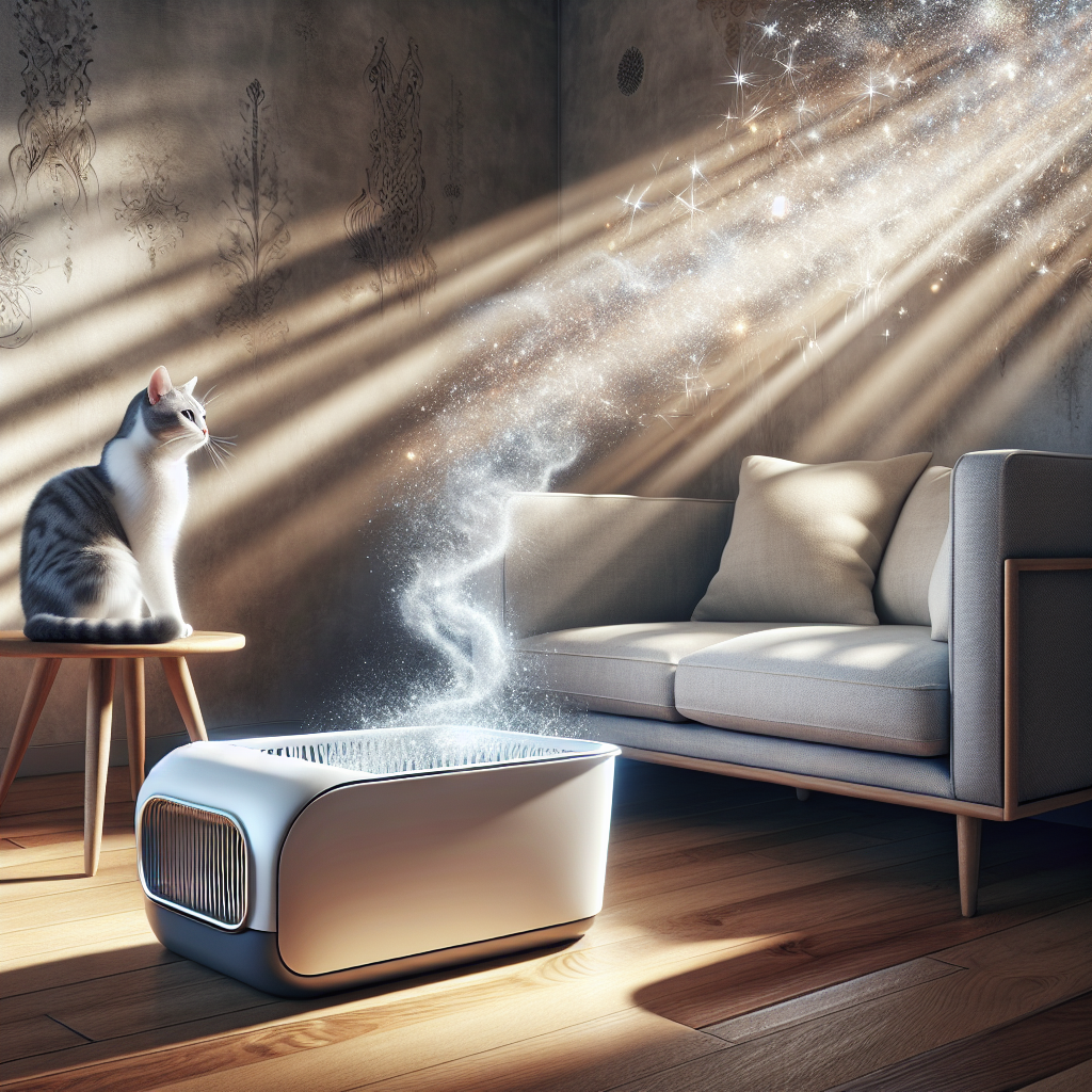 A cozy, clean living room with a modern, sleek cat litter box in the corner. A content, well-groomed domestic cat is sitting peacefully beside the litter box. Visually, a subtle, almost invisible cloud of 'bad odor' is shown dissipating from the litter box, transforming into sparkling, fresh air particles. The room is bathed in warm, soft sunlight, emphasizing a sense of freshness, cleanliness, and tranquility. Realistic style, high detail.