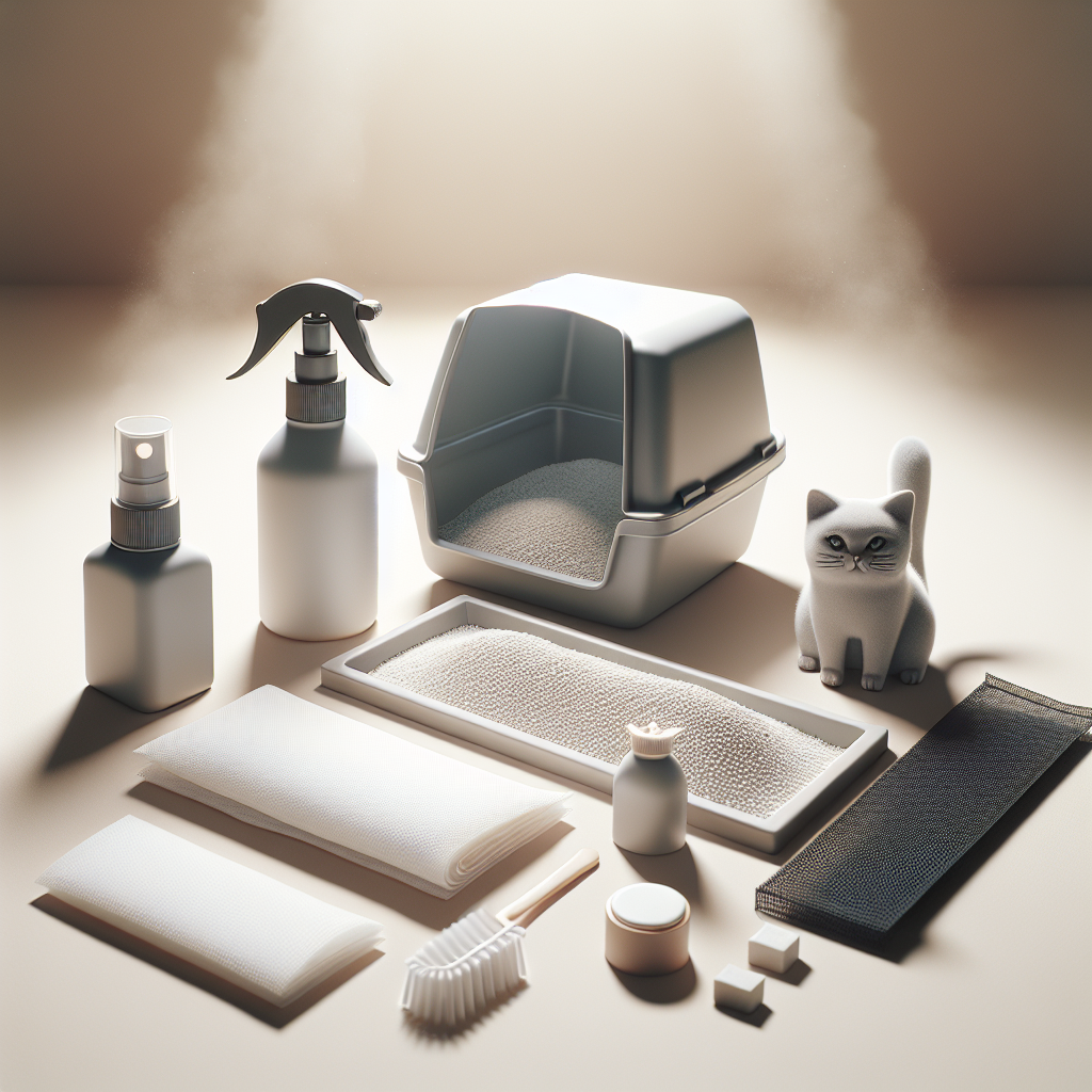 An aesthetic flat lay image showcasing various cat litter odor remover products: a minimalist spray bottle, a small bag of white granular powder, and a charcoal filter pad. These items are arranged neatly around a clean, miniature representation of a cat litter box (without a cat). The background is a soft, blurred domestic setting, suggesting a home environment. The lighting is bright and even, highlighting the products and their purpose of bringing freshness. High quality, realistic product photography style.