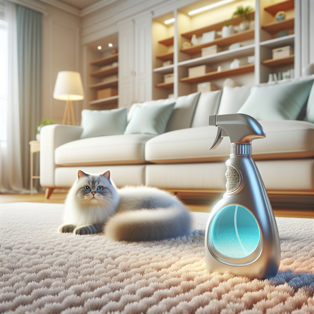 A bright, inviting living room scene with a fluffy domestic cat comfortably resting on a clean, light-colored carpet. A modern spray bottle labeled 'Odor Eliminator' or 'Enzymatic Cleaner' stands subtly in the foreground, signifying a fresh, clean home environment. The room feels airy and pleasant, with no hint of unpleasant smells. Realistic, high-quality photograph, inviting atmosphere.