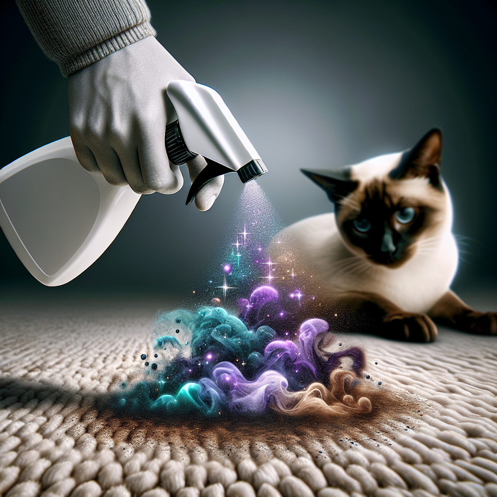 Close-up of an enzymatic cleaner being sprayed onto a subtle, dark spot on a carpet, with a hand holding the spray bottle. Visual effects show stylized 'odor molecules' (abstract purple or brown cloud) dissipating and being replaced by 'freshness' (sparkling blue or green particles). A curious cat's head peeking into the frame from the background. High detail, action shot, showing effective neutralization.