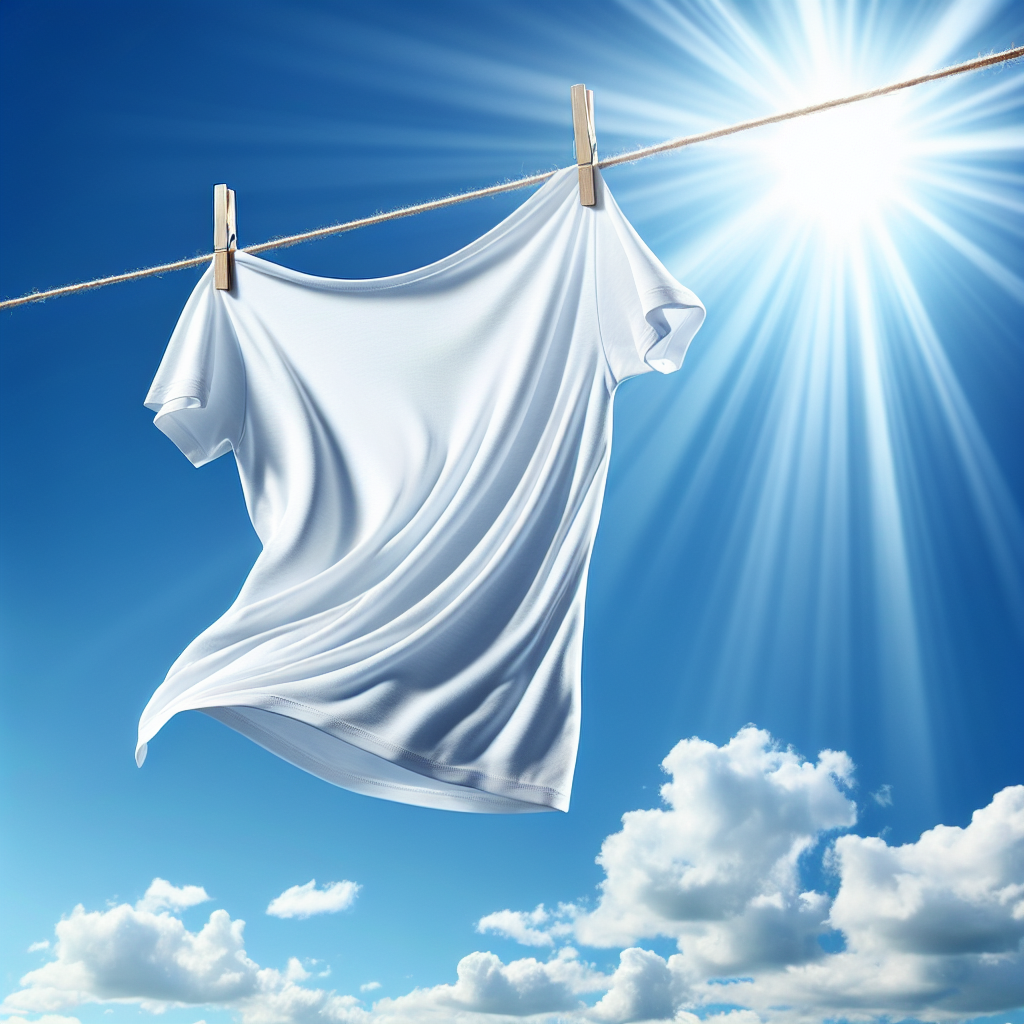 A pristine white t-shirt gently billowing on an outdoor clothesline under a bright, clear blue sky with soft sunshine. The fabric looks incredibly clean, fresh, and vibrant, symbolizing ultimate freshness and and natural odor removal. The image evokes a feeling of cleanliness and a natural, airy scent. High quality photography, light and airy aesthetic.
