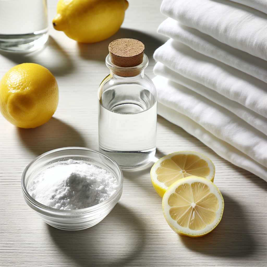 A minimalist still life photo featuring a small glass bowl of baking soda, a bottle of white vinegar, and a sliced lemon arranged on a clean, light wooden countertop. Next to these ingredients, a neatly folded stack of white, freshly laundered towels or clothes. The scene is well-lit with natural light, emphasizing natural, effective household solutions for removing clothing odors. Modern, clean aesthetic.