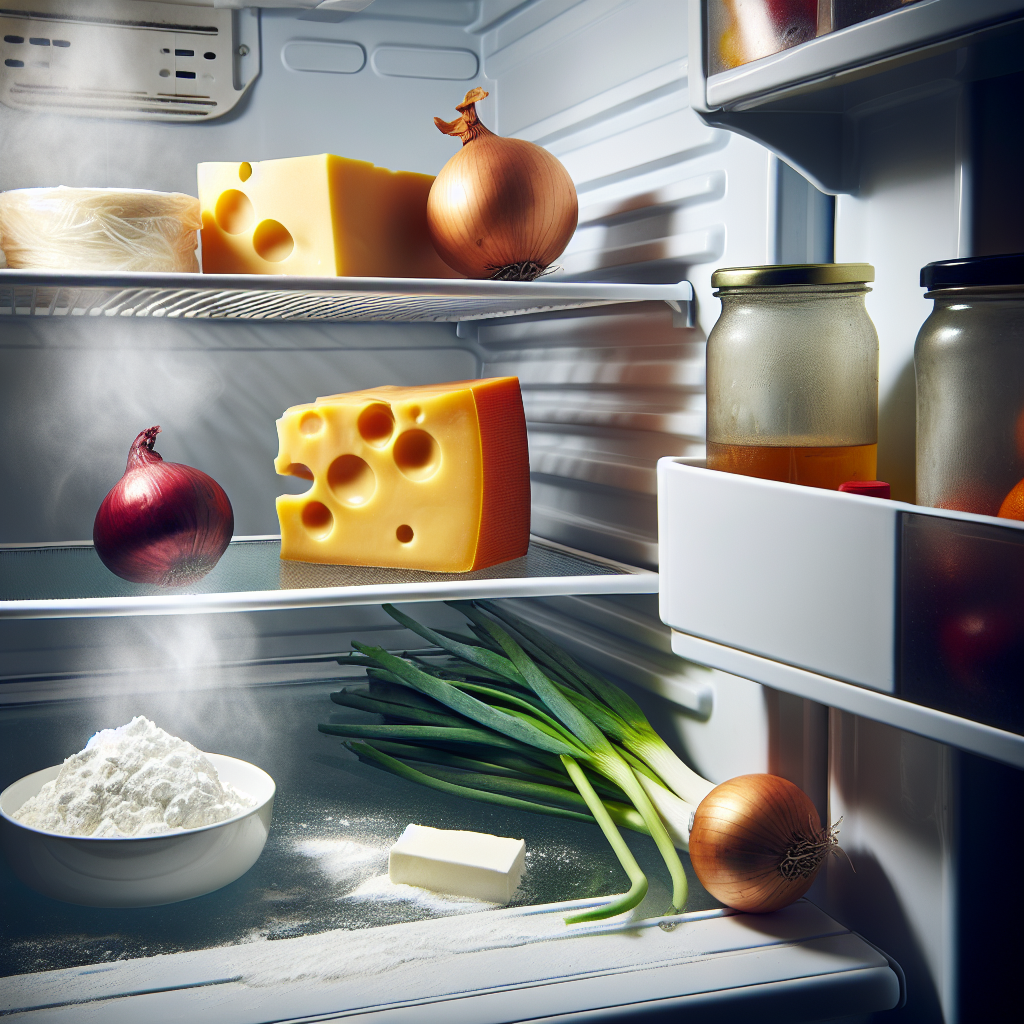 The inside of a refrigerator with an implied unpleasant smell. Some common strong-smelling foods are visible, like an open container of strong cheese, a cut onion, and a slightly forgotten, perhaps wilting vegetable in the background. A small, simple white bowl filled with white powder (baking soda) sits prominently on a shelf, hinting at the solution. The overall atmosphere is slightly dim, emphasizing the problem. Realistic, slightly warm lighting.