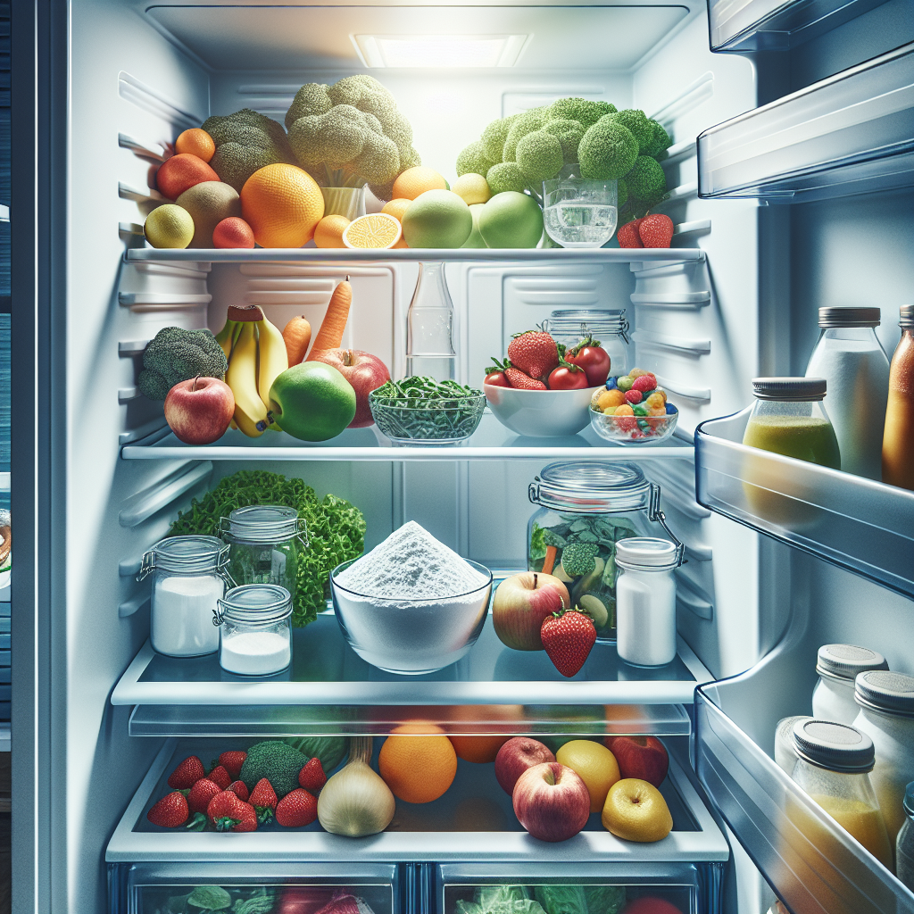A sparkling clean and organized refrigerator interior, bathed in bright, inviting light, conveying a strong sense of freshness and hygiene. Neatly arranged fresh produce and clean shelves are visible. A small, elegant glass bowl filled with white powder (baking soda) is clearly visible on a shelf, symbolizing an effective natural odor remover. Realistic, bright and airy photography style.