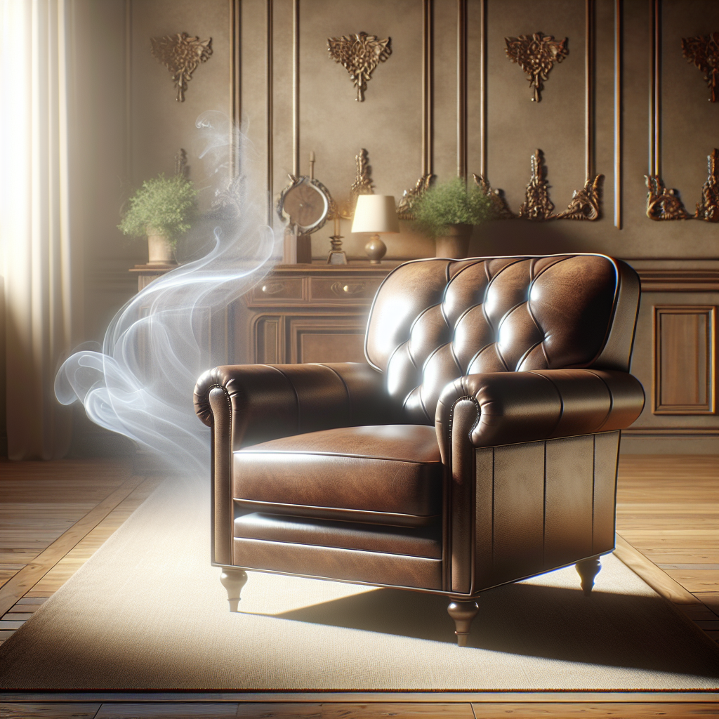 A classic, luxurious brown leather armchair in a well-lit, elegant living room. The armchair looks incredibly fresh and clean, bathed in warm, inviting natural light, with a subtle, ethereal wisp of fresh, pleasant scent abstractly rising from its surface, symbolizing the complete removal of any unpleasant odors. Focus on the rich texture of the leather and the sense of cleanliness and renewal. Photorealistic, high detail.