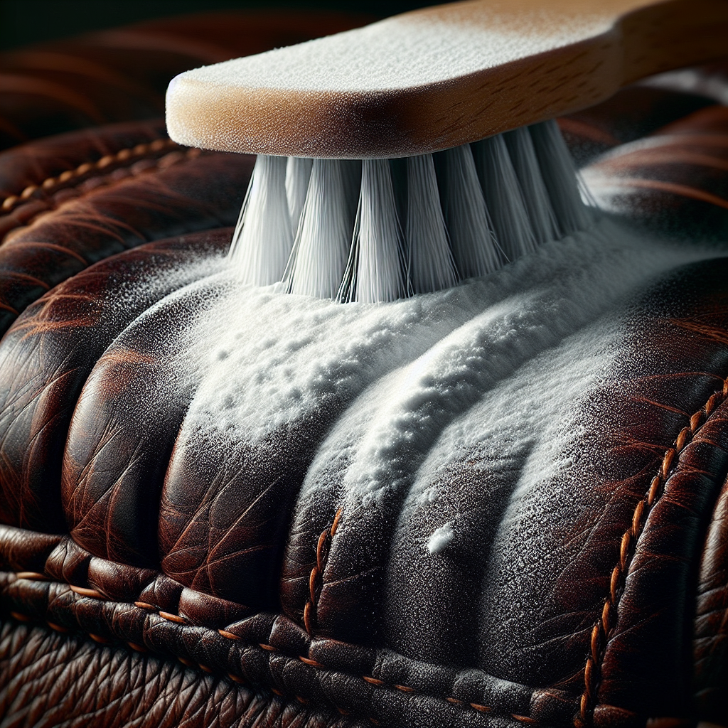A close-up shot of white baking soda being gently sprinkled over a section of a dark, textured leather surface, like a car seat or a vintage bag. A small, soft-bristled brush is visible nearby, ready to remove the powder. The scene conveys a gentle, effective home remedy for odor removal. Soft, diffused lighting enhances the leather's texture. Photorealistic.