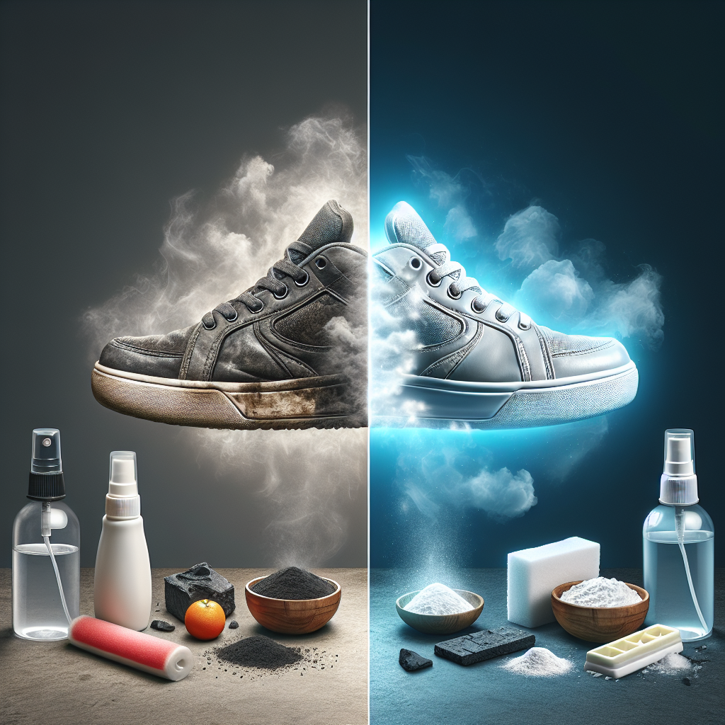 A clean, bright image contrasting smelly shoes with fresh shoes. On one side, a dark, worn sneaker with a subtle, swirling grey odor cloud. On the other side, a bright, clean sneaker glowing with a fresh, light blue aura. Between them, various shoe deodorizers: a spray bottle, a bag of baking soda, and a charcoal insert. Realistic, high-resolution photography, emphasizing transformation.