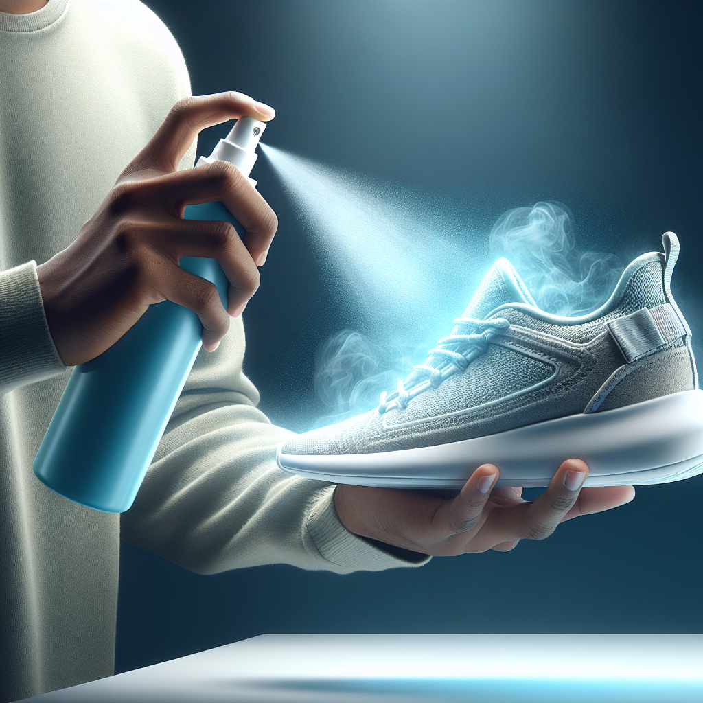 Close-up shot of a person's hand using a shoe deodorizer spray inside a modern sneaker. A fine, fresh mist is visible, subtly glowing light blue as it enters the shoe. The sneaker looks clean and inviting. The background is minimalist and bright. Realistic photography, conveying freshness and effective odor removal.