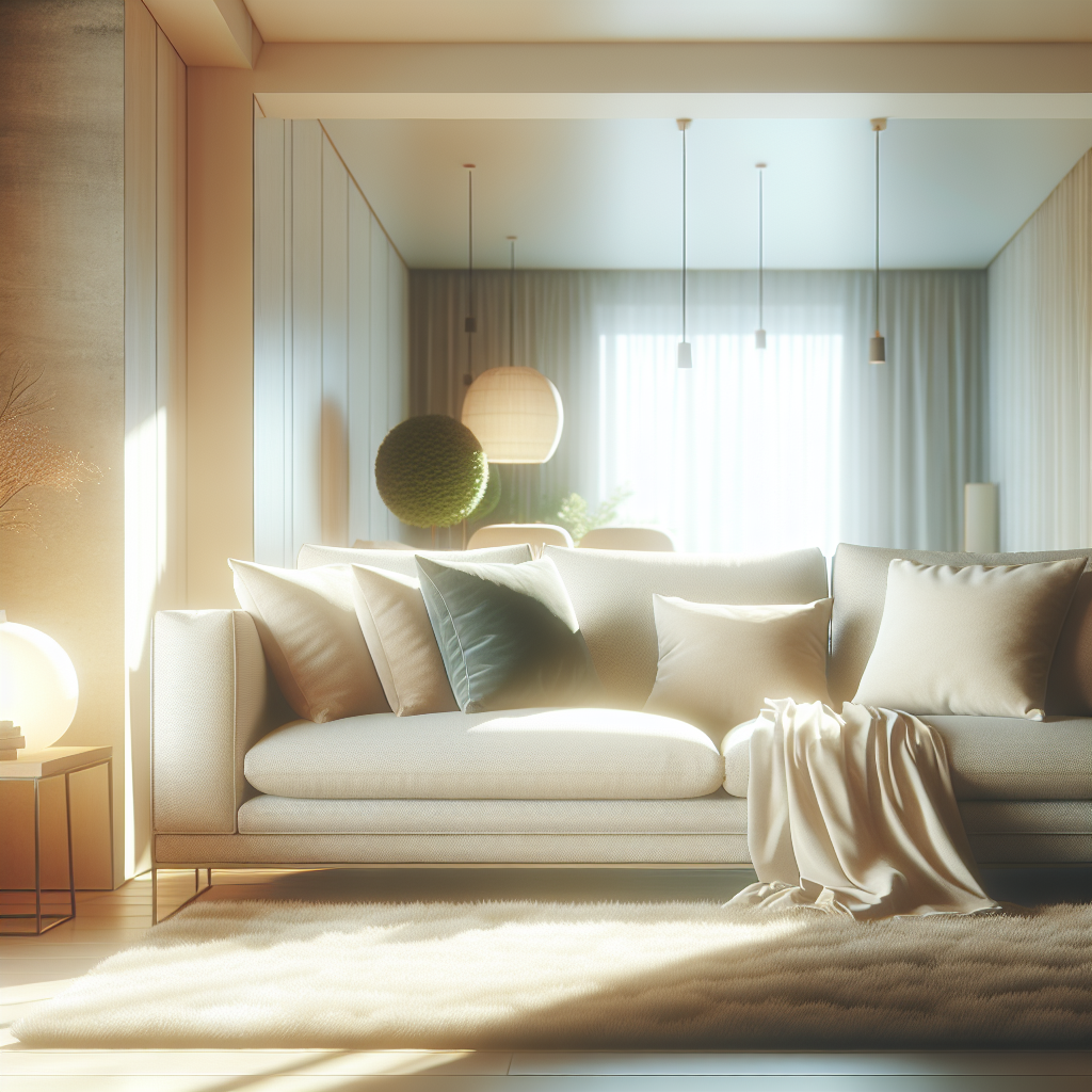 A cozy, modern living room sofa, impeccably clean and inviting, bathed in soft natural light. A subtle, almost visible aura of freshness or a gentle, pleasant scent gracefully emanates from the cushions, creating an atmosphere of renewed well-being and comfort in the home. No people.