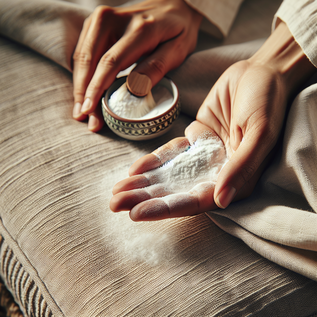 A close-up, high-angle shot of a person's hands gently sprinkling a fine white powder, like baking soda, over the textured fabric of a light-colored sofa cushion. A small ceramic bowl filled with the powder is visible next to the hands. The scene emphasizes a gentle and effective cleaning process, with soft, natural light.