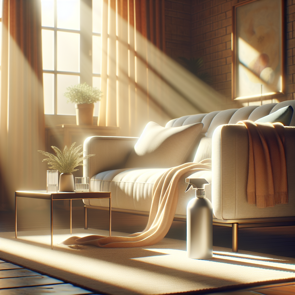 A bright and inviting living room scene, focusing on a comfortable sofa with soft cushions and a throw blanket. Sunlight streams in, illuminating a sleek, modern spray bottle labeled 'Geruchsentferner für Textilien' (Fabric Odor Remover) prominently displayed on a small table next to the sofa. The overall atmosphere conveys freshness, cleanliness, and comfort, suggesting an odor-free home. Realistic style, warm and inviting colors.