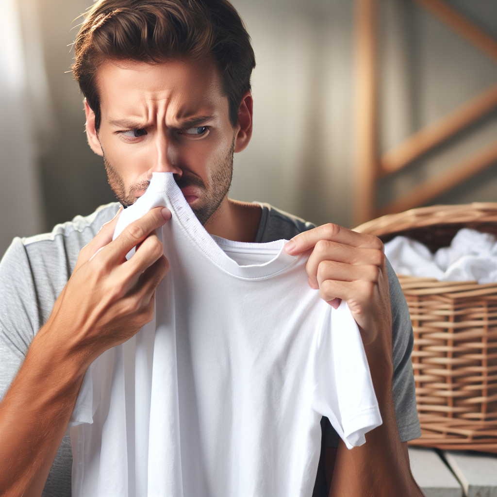 A person with a slightly disgusted or puzzled expression holds up a seemingly clean, freshly washed t-shirt or towel to their nose, clearly indicating a lingering unpleasant smell. The laundry looks clean but the expression suggests otherwise. A laundry basket is subtly in the background. Realistic, relatable, soft lighting.